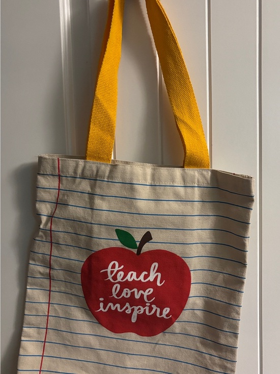 Handbags - Canvas 'Teach Love Inspire' Apple Tote Bag with Yellow Straps